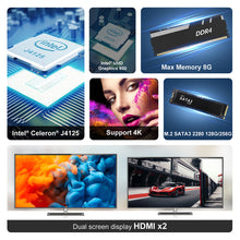 Load image into Gallery viewer, Mini Windows 11 Pro PC Intel Celeron J4125 CPU 8GB DDR4 RAM 128GB SSD 4K Dual-HDMI LAN WIFI Bluetooth VESA 2.5" SATA